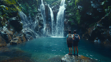 Nature lovers exploring a picturesque waterfall, capturing the moment with awe.