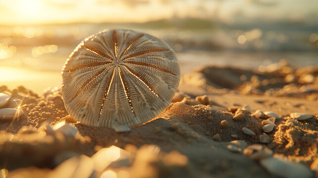 A close-up of a sand dollar partially buried in the sunlit sand, its intricate pattern highlighted by the beach sunlight.