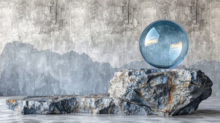 a glass ball sitting on top of a rock in the middle of a room with a mountain in the background.