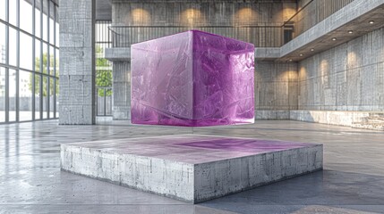 a purple cube sitting on top of a block of concrete in a large room with a staircase in the background.