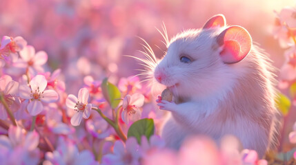 A contented hamster nibbling on a sunflower seed against a gentle coral background.