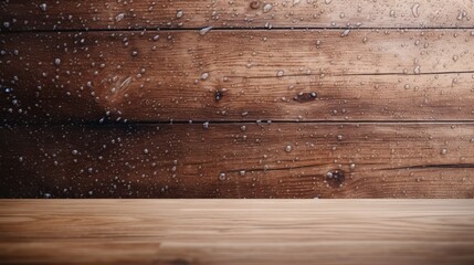 Raindrops decorate a wood tabletop resting on a clear window, providing a versatile display option for products. - obrazy, fototapety, plakaty