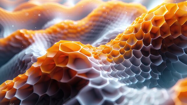 a close up of a computer generated image of a wave of orange and white material with a blue sky in the background.