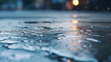 Rainwater descends onto a dark surface, creating reflections on the floor during the rainy season.