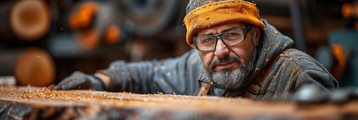 A craftsman carpenter works on boards and beams, bright background, vibrant colour, natural light photography. Ai generative