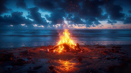 An atmospheric shot of a beach bonfire party, with flames dancing against a backdrop of starry skies and crashing waves. Ai generative. - obrazy, fototapety, plakaty
