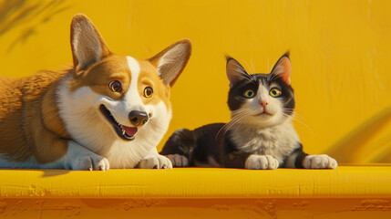 A cheerful corgi and an affectionate tuxedo cat sharing a moment of playfulness on a sunny yellow surface.