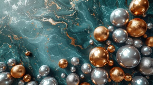 a bunch of metallic balls sitting on top of a blue and gold marble counter top covered in gold and silver balls.