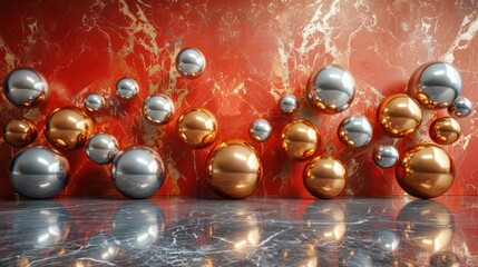Naklejka premium a group of metallic balls sitting next to each other on a marble floor with a red wall in the background.