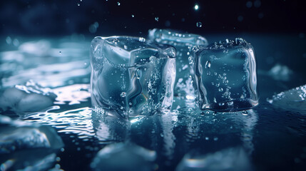 ice cubes falling onto a wet surface - obrazy, fototapety, plakaty