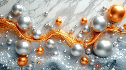 a close up of a marble surface with gold and silver balls and a wave of water on top of it.