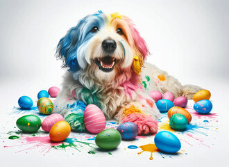 A dog lying down, surrounded by colorful Easter eggs while covered in paint