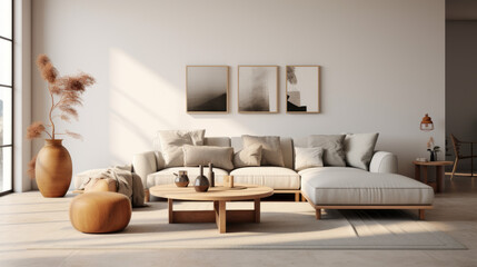 A modern living room with customizable furniture, including a plush grey sofa and a round ottoman