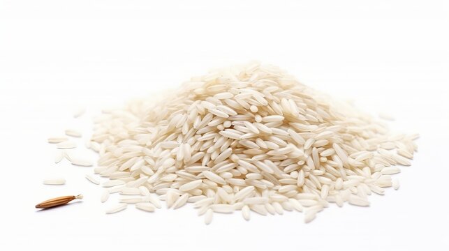 Rice and grain are depicted in a macro shot against a white background.