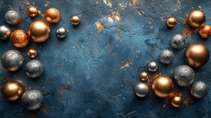 a group of metallic and gold ornaments on a dark blue and rusted metal background with space for text or image.