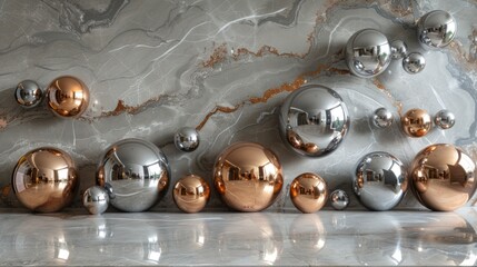 a group of shiny metal balls sitting on top of a white counter top next to a white and gold wall.