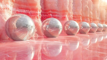 a row of shiny glass balls sitting on top of a pink ice covered floor in front of a wall of ice.