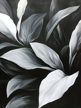 Abstract black and white painting of leaves on canvas, capturing the enigmatic tropics