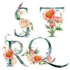 Watercolor floral letters set of S, T, R, Q with plants. Hand drawn alphabet symbols of flowers and leaves isolated on white background. Holiday Illustration for design, print, fabric or background. - 750138053