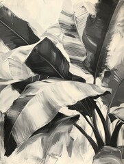 Abstract black and white painting of leaves on canvas, capturing the enigmatic tropics
