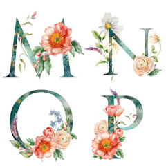 Watercolor floral letters set of M, N, O, P with plants. Hand drawn alphabet symbols of flowers and leaves isolated on white background. Holiday Illustration for design, print, fabric or background. - 750138242