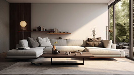 A modern living room with minimalistic decor featuring a sleek grey sofa and a glass coffee table