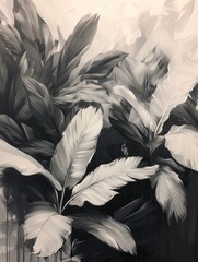 An abstract black and white painting depicting leaves on canvas, encapsulating the mystique of the tropics.