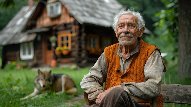 An old man sits on a bench in his village. Generative AI
