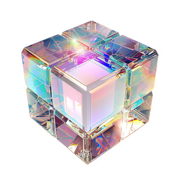 3d crystal glass cube with refraction and holographic isolated on white or transparent background