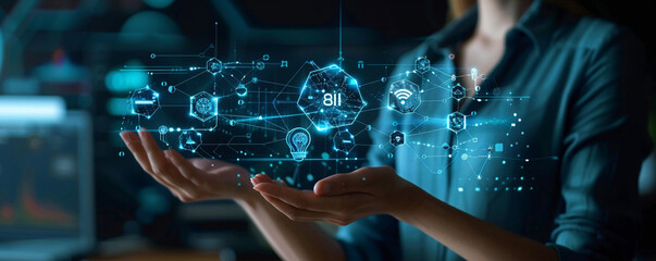 Businesswoman hand-holding artificial intelligence icons with a smart network connection. Utilizing the latest AI technology to automate and optimize business processes and decision making.