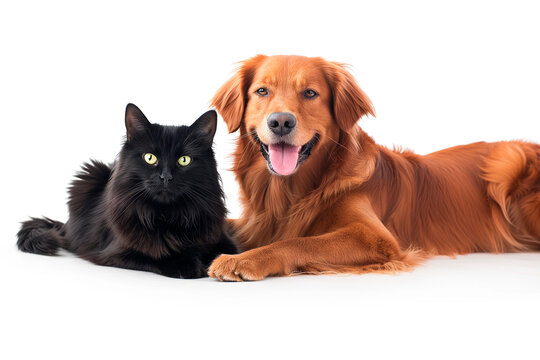 A dog and a cat sitting peacefully together next to each other on a white background. The concept of friendship between animals. Veterinary medicine, animal care.