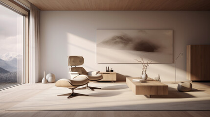 A modern living room with a white leather armchair, minimalistic wall art, and a grey and white rug