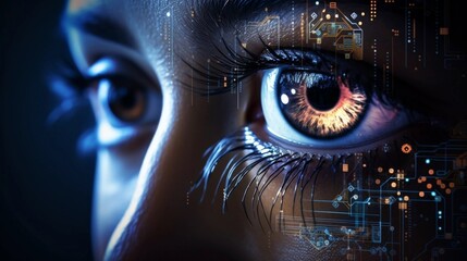 Illustration of virtual data on the background of a beautiful woman's eye. - obrazy, fototapety, plakaty