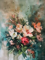 Abstract painting of flower bouquet on canvas, evoking the enigmatic tropics with muted colors
