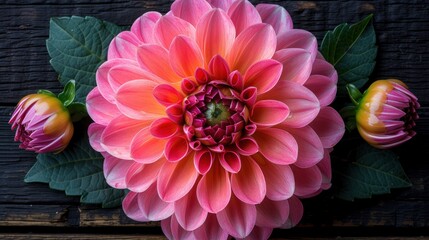 a large pink flower sitting on top of a wooden table next to a green leafy plant on top of a wooden table.