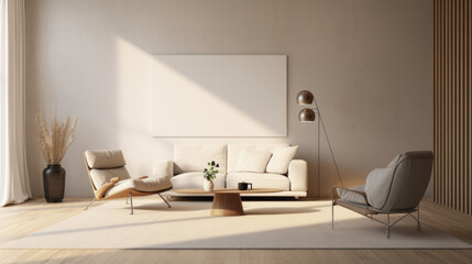 A modern living room with a white leather armchair, minimalistic wall art, and a grey and white rug