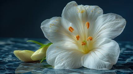 a close up of a white flower with water droplets on the petals and in the middle of the petals is a yellow stamen.