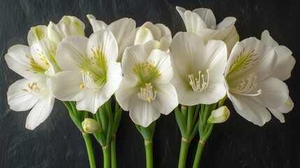 a group of white flowers sitting next to each other on a black surface with a green stem in the middle.