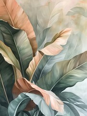 Abstract botanical painting depicting leaves on canvas, evoking the enigmatic tropics with muted colors