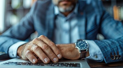 Close-up of the hands of a businessman working on a laptop. Ai generative