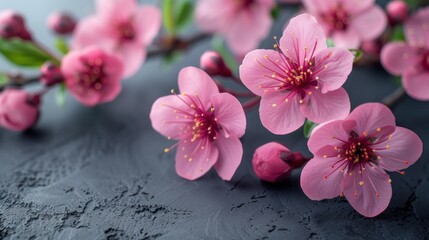 a group of pink flowers sitting on top of a black table top next to a green leafy plant on top of a gray surface.