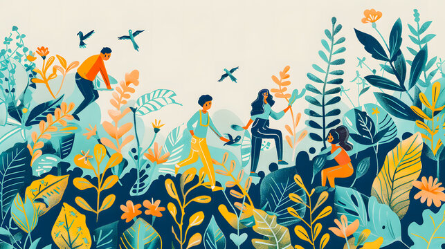 Paysage avec des plantes et des personnes, concept de pr&eacute;servation de l'environnement