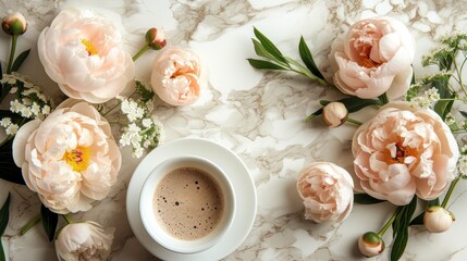 a cup of coffee sitting on top of a table next to a bunch of flowers on top of a marble counter.