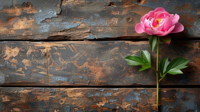 a pink flower sitting on top of a piece of wood next to a piece of wood that has peeling paint on it.