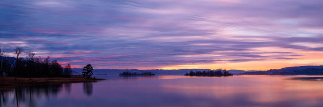 Panoramic Photo of lake Zurich at sunset, long exposure