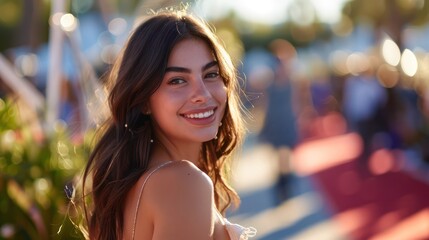 A beautiful model gracefully walks on a red carpet, with a slight smile and glancing back at the camera.