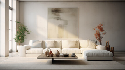 A modern living room with customizable furniture, featuring a white couch and an abstract wall art