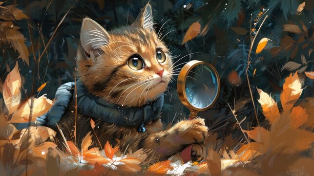 a painting of a cat with a magnifying glass in it's mouth sitting in a field of leaves.