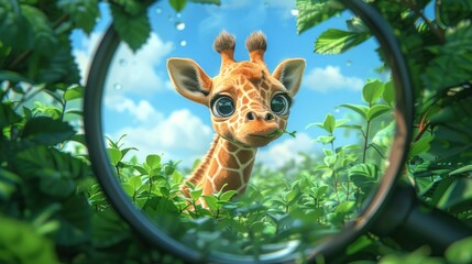 a close up of a giraffe looking through a magnifying glass with a sky in the background.