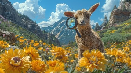 a goat looking through a magnifying glass in a field of wildflowers with mountains in the background. - obrazy, fototapety, plakaty